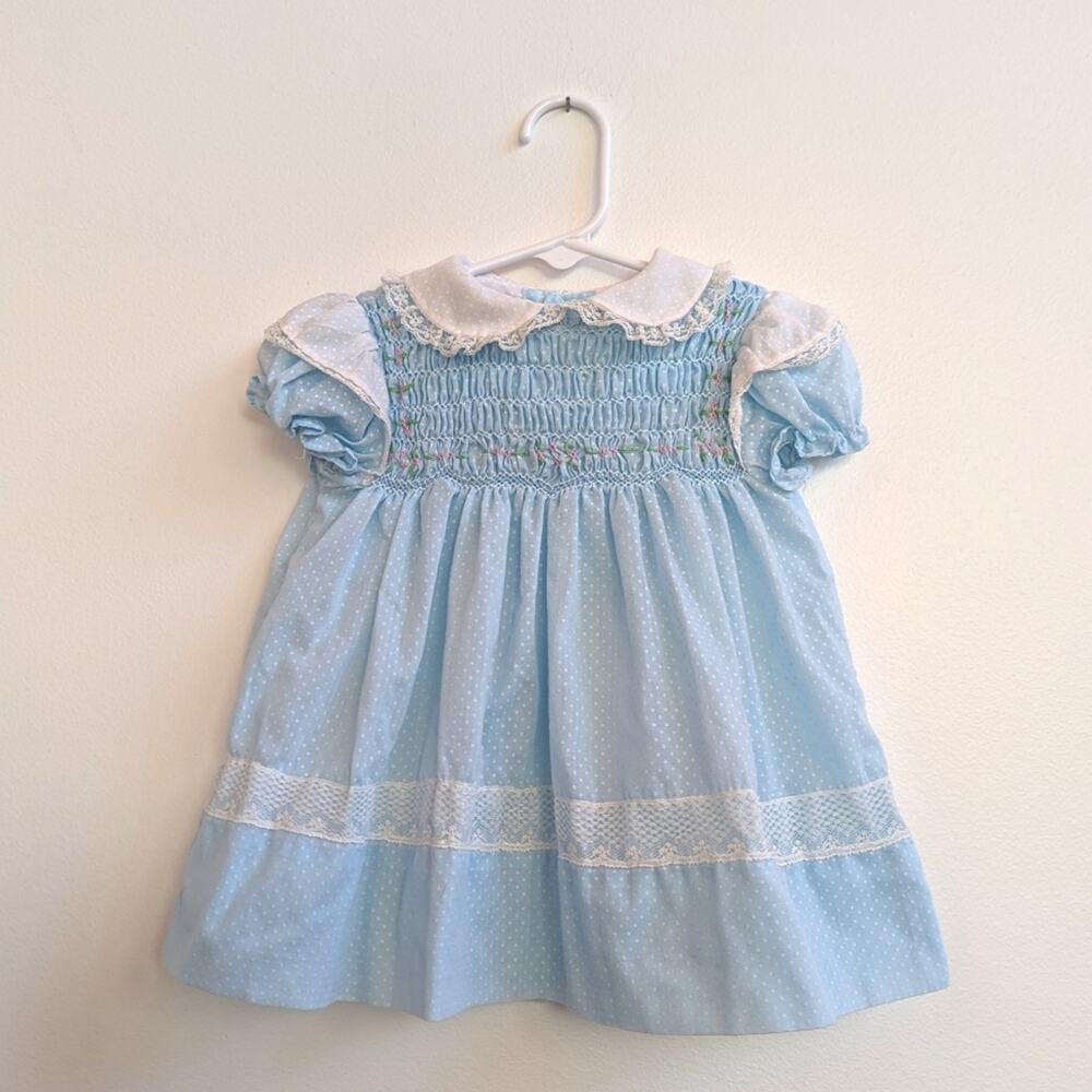 Vtg 60s Polly Flinders Blue 12m Dress Baby Polka Dot Smocked
